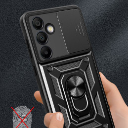 Hibridinis šarvuotas kameros skydelis su kameros dangteliu ir metaliniu žiedu, skirtas „Samsung Galaxy S24 FE“ - juodas