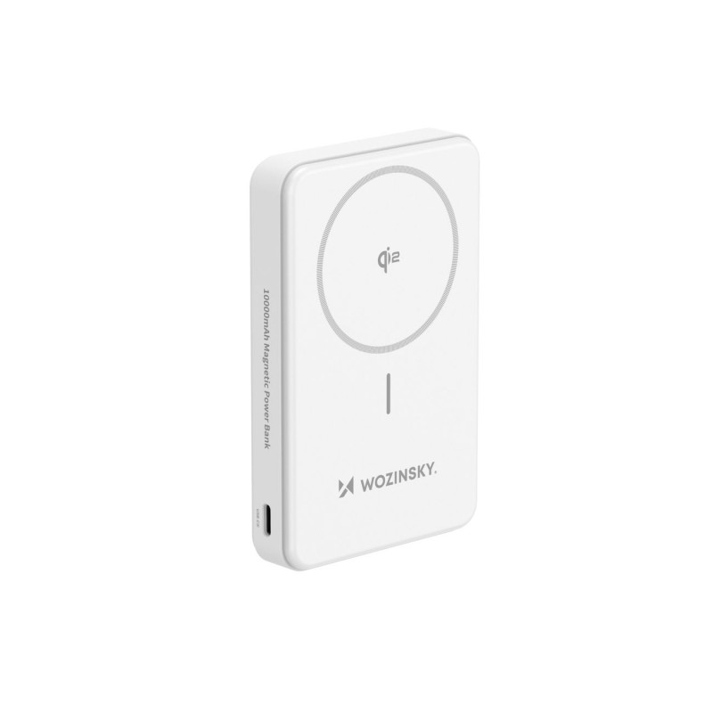 Išorinė baterija „Wozinsky WLWP-10KA0Y3WS“ 22,5 W PD Qi2 10000 mAh, su stovu, 1x USB-A, 1x USB-C - balta