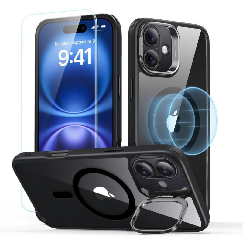 ESR klasikinis hibridinis stovas „Halolock MagSafe iPhone 16 Plus“ + grūdinto stiklo ekrano apsauga – juodas