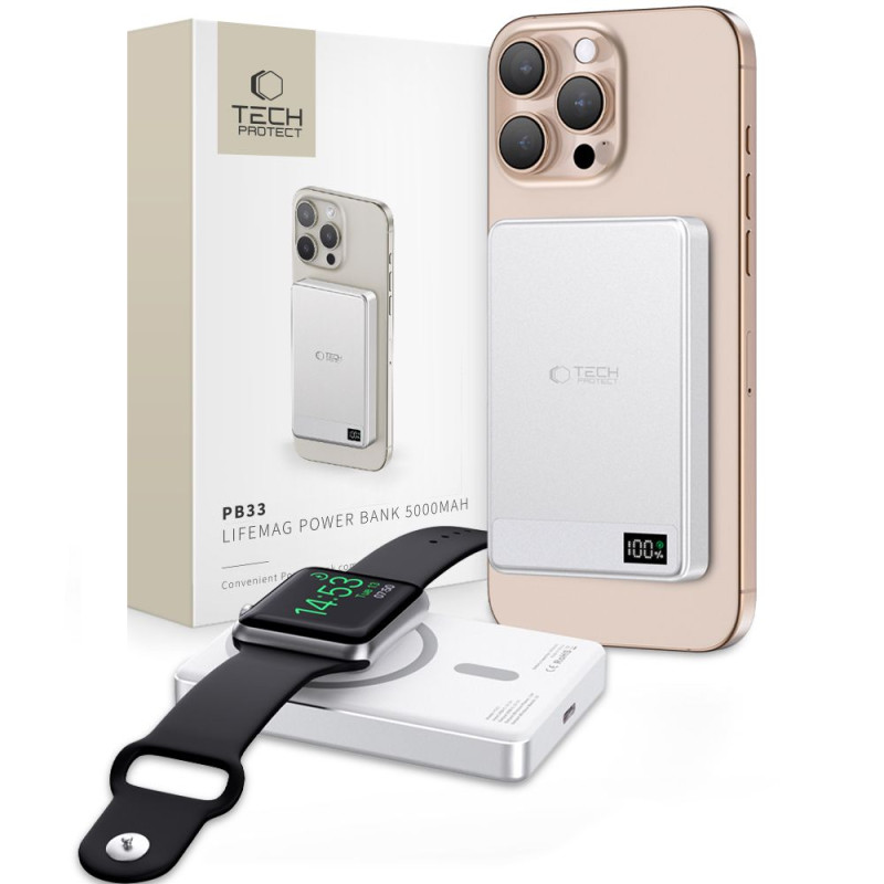 Išorinė baterija „Tech-Protect PB33 LifeMag MagSafe 5000mAh“ – sidabrinė