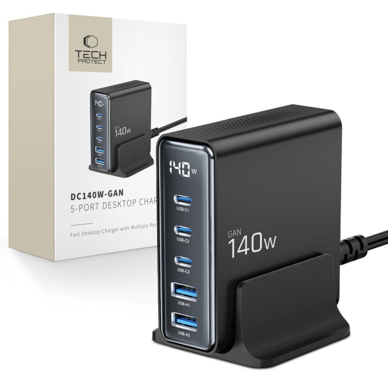 „Tech-Protect DC140W-GAN“ 5 prievadų PD140W/ QC3.0 įkrovimo stotelė – juoda