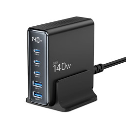 „Tech-Protect DC140W-GAN“ 5 prievadų PD140W/ QC3.0 įkrovimo stotelė – juoda