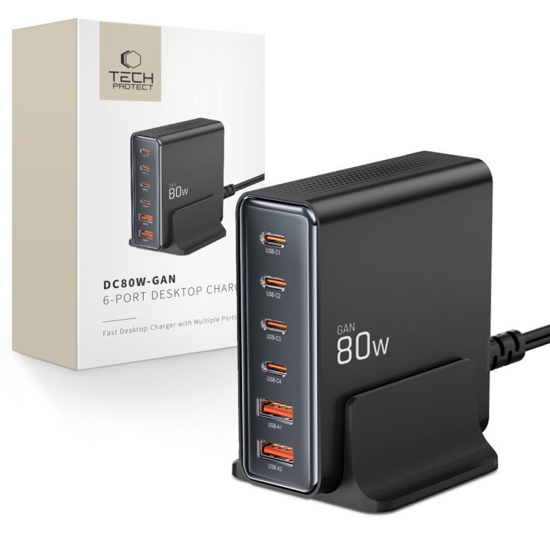 „Tech-protect DC80W-GAN“ 6 prievadų PD80W/ QC3.0 įkrovimo stotelė – juoda