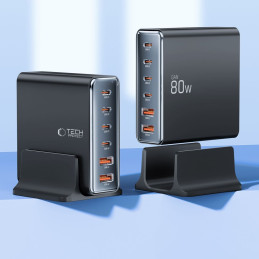 „Tech-protect DC80W-GAN“ 6 prievadų PD80W/ QC3.0 įkrovimo stotelė – juoda