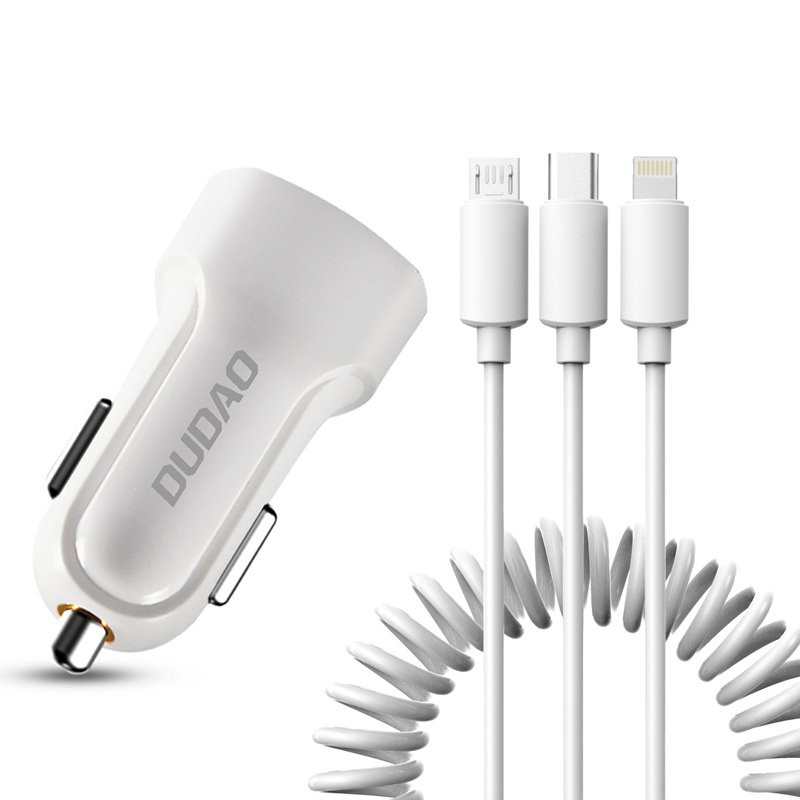Dudao rinkinys automobilinis įkroviklis 2x USB 2.4A + laidas USB laidas 3in1 Lightning / Type C / micro USB baltas (R7 b...