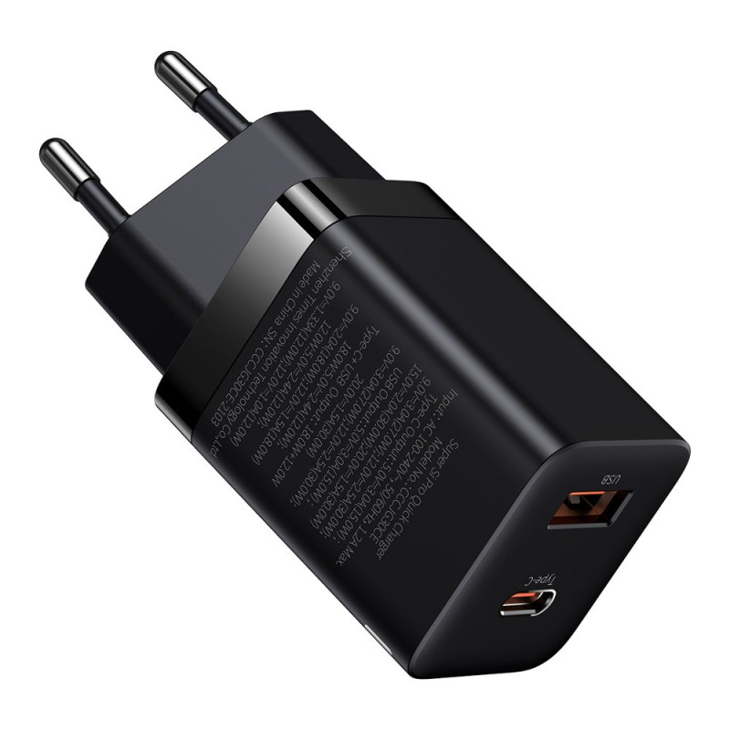 Baseus Super Si Pro greitas USB / USB tipo C įkroviklis 30 W maitinimo tiekimo greitas įkrovimas juodas (CCSUPP-E01)