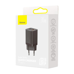 Baseus Super Si Pro greitas USB / USB tipo C įkroviklis 30 W maitinimo tiekimo greitas įkrovimas juodas (CCSUPP-E01)