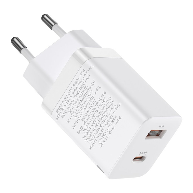 Baseus Super Si Pro greitas USB / C tipo USB įkroviklis 30 W maitinimo tiekimo greitas įkrovimas baltas (CCSUPP-E02)