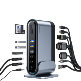 HUB Baseus CAHUB-DG0G 3x USB 3.2 Gen 1 / 2x USB-A / 2x USB-C / SD kortelių skaitytuvas, micro SD / AUX / 3x HDMI / RJ45 ...