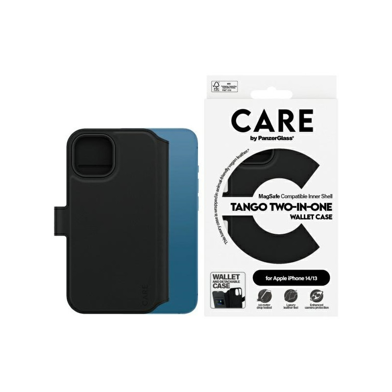 „CARE by PanzerGlass Feature Tango 2in1“ piniginės ir „MagSafe“ dėklas, skirtas „iPhone 13 / 14“ – juodas