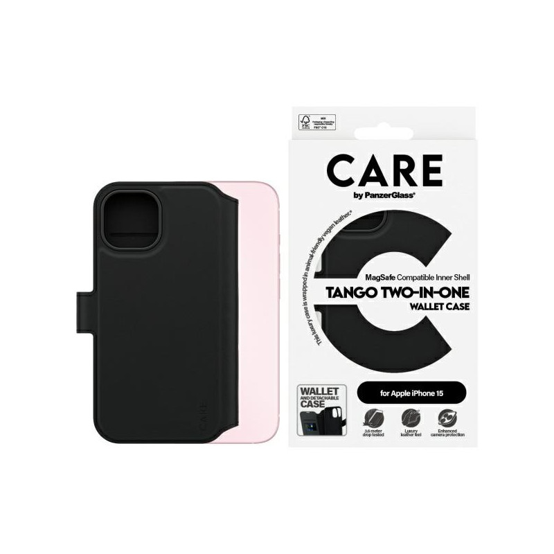 „CARE by PanzerGlass Feature Tango 2in1“ piniginės ir „MagSafe“ dėklas, skirtas „iPhone 15“ – juodas