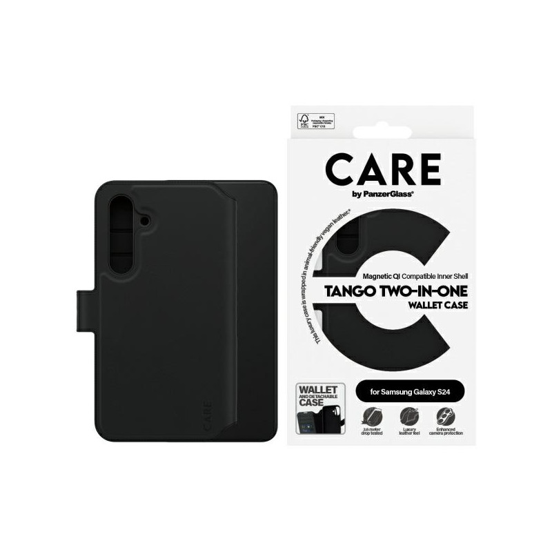 „CARE by PanzerGlass Feature Tango 2in1“ piniginės dėklas, skirtas „Samsung Galaxy S24“ – juodas