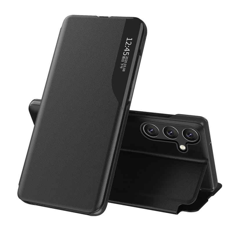 Elegantiškas ekologiškos odos dėklas su atvartu ir stovo funkcija, skirtas „Samsung Galaxy A26“ - juodas