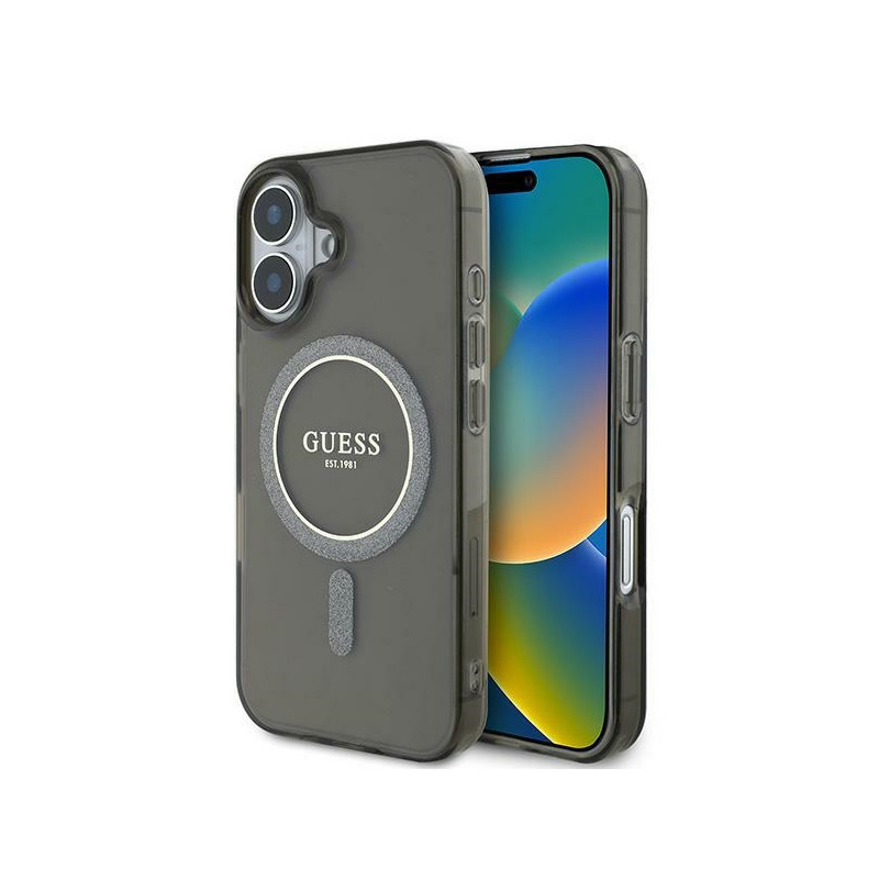 „Guess IML Glitter Circle“ „MagSafe“ dėklas, skirtas „iPhone 16“ – juodas