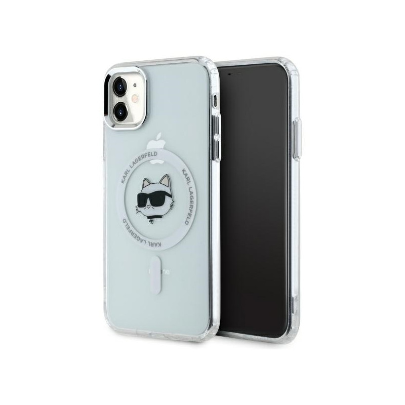 Karl Lagerfeld IML metalinis „Choupette Head“ „MagSafe iPhone 11“ dėklas – baltas