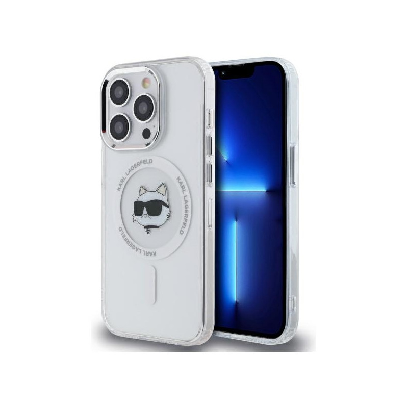 Karl Lagerfeld IML metalinis „Choupette Head“ „MagSafe iPhone 14 Pro“ dėklas – baltas