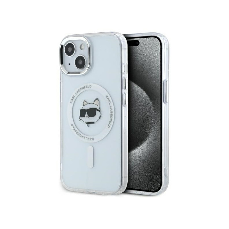 Karl Lagerfeld IML metalinis „Choupette Head“ „MagSafe iPhone 15“ dėklas – baltas