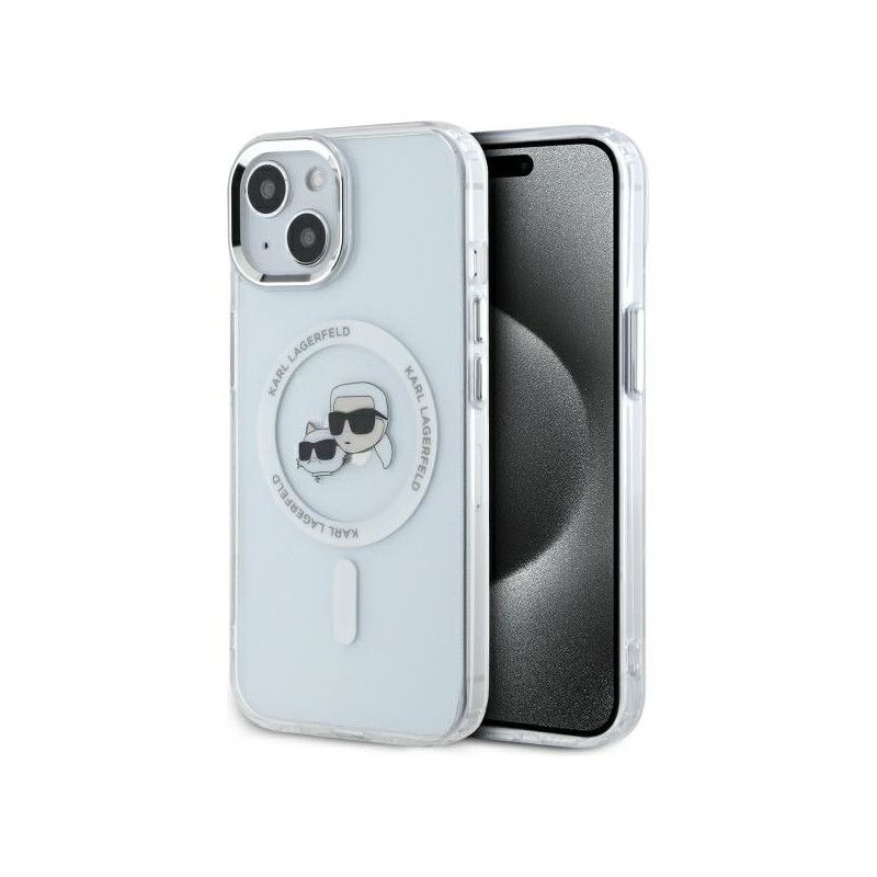 „Karl Lagerfeld“ IML metalinis „Karl&Choupette“ dėklas, skirtas „MagSafe iPhone 15“ telefonui, baltas