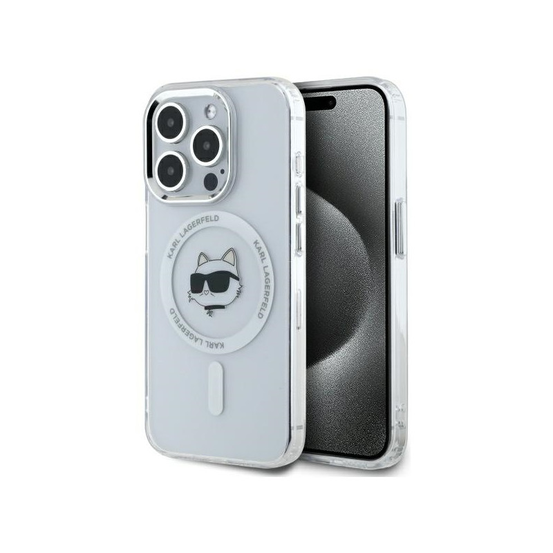 „Karl Lagerfeld IML Metal Choupette Head MagSafe“ dėklas, skirtas „iPhone 15 Pro Max“ – baltas