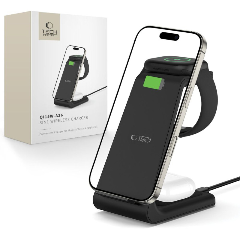 „Tech-Protect QI15W-A36“ 3in1 „Apple“ įkrovimo stotelė – juoda