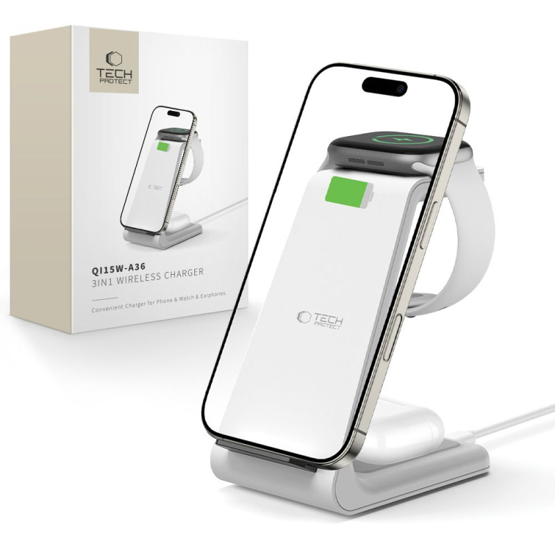 „Tech-Protect QI15W-A36“ 3in1 „Apple“ įkrovimo stotelė – balta