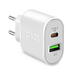 SBS TETRPD20W 20W USB-A USB-C sieninis įkroviklis su maitinimo šaltiniu – baltas