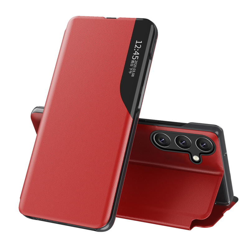 Elegantiškas ekologiškos odos „View Case“ dėklas su atvartu ir stovo funkcija, skirtas „Samsung Galaxy A36“ - raudonas
