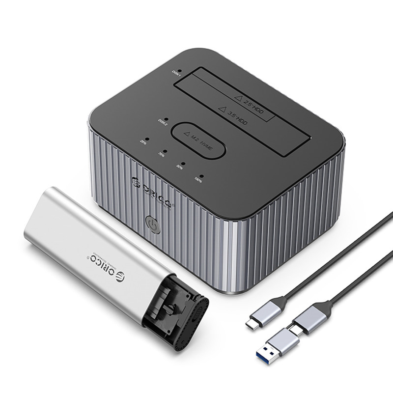 „Orico IT28E-C“ 2 diskų prijungimo stotelė su M.2 NVME 2,5 colio / 3,5 colio HDD / 2,5 colio SSD klonavimo funkcija – pi...