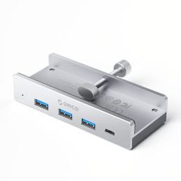 „Orico MH4PC“ šakotuvas, tvirtinamas prie spaustuko, USB-C / 3x USB-A 3.0 + 1x USB-C 3.0 - sidabrinis