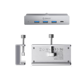 „Orico MH4PC“ šakotuvas, tvirtinamas prie spaustuko, USB-C / 3x USB-A 3.0 + 1x USB-C 3.0 - sidabrinis