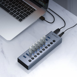„Orico BT2U3-10AB“ šakotuvas 10x USB-A 3.0 su jungikliais - pilkas