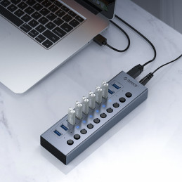 „Orico BT2U3-16AB“ šakotuvas 16x USB-A 3.0 su jungikliais - pilkas