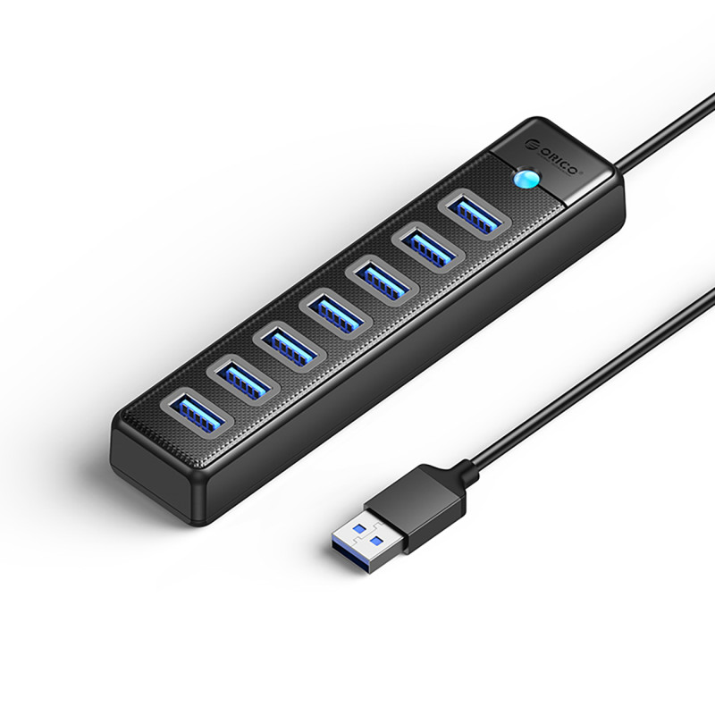 „Orico PW7U-U3“ šakotuvas, 7x USB-A 3.0 + USB-C 5V/ 3A, 1m, juodas