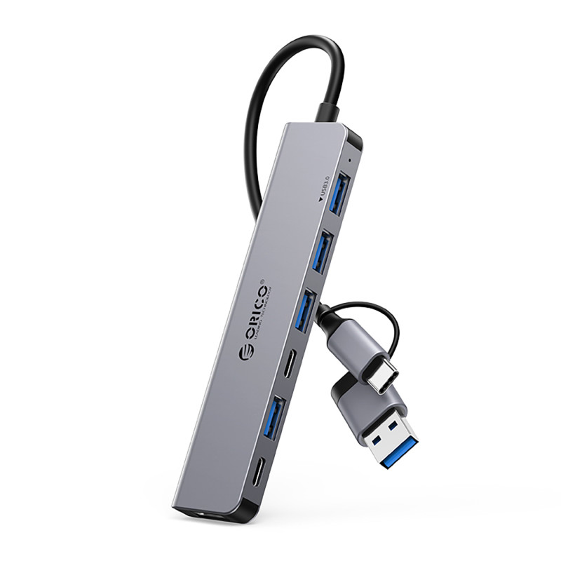 „Orico YSA7-U3“ USB-A/ USB-C šakotuvo prijungimo stotelė, 4x USB-A 2.0 + 1x USB-A 3.0 + 2x USB-C 2.0 - pilka