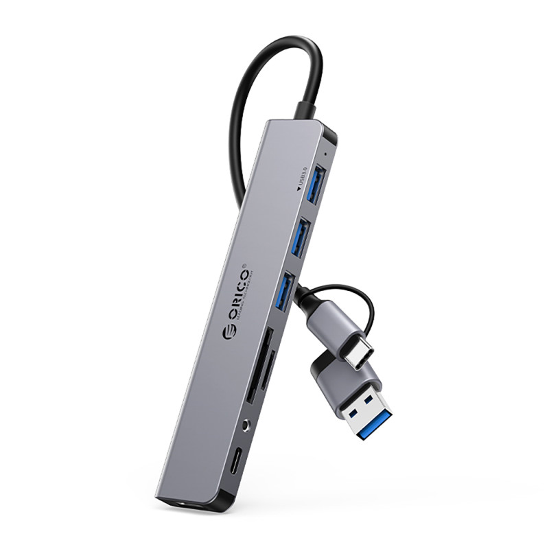 „Orico YSA8-U3“ USB-A/ USB-C šakotuvo prijungimo stotelė, 3x USB-A 2.0 + 1x USB-A 3.0 + 1x USB-C 2.0 + 1x 3,5 mm garso +...