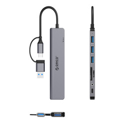 „Orico YSA8-U3“ USB-A/ USB-C šakotuvo prijungimo stotelė, 3x USB-A 2.0 + 1x USB-A 3.0 + 1x USB-C 2.0 + 1x 3,5 mm garso +...