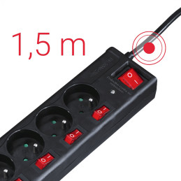 „Hama“ 6 lizdų viršįtampių apsaugos juosta, 1,4 m, su jungikliais, juoda