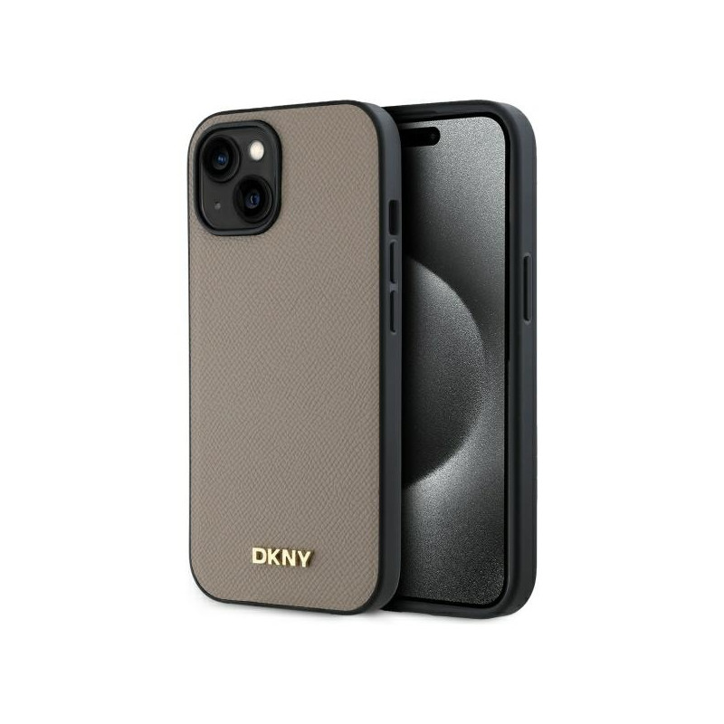 DKNY grūdėto metalo logotipo „MagSafe iPhone 15“ dėklas – smėlio spalvos