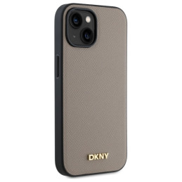 DKNY grūdėto metalo logotipo „MagSafe iPhone 15“ dėklas – smėlio spalvos