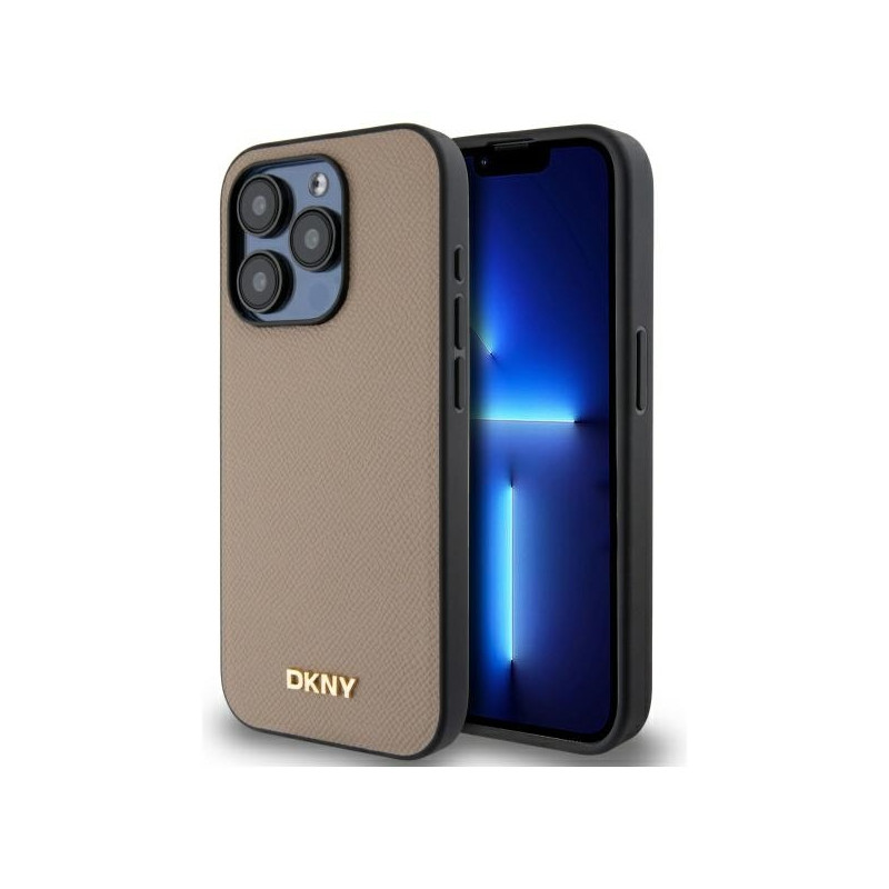 DKNY grūdėto metalo logotipo „MagSafe iPhone 15 Pro Max“ dėklas – smėlio spalvos