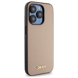 DKNY grūdėto metalo logotipo „MagSafe iPhone 15 Pro Max“ dėklas – smėlio spalvos