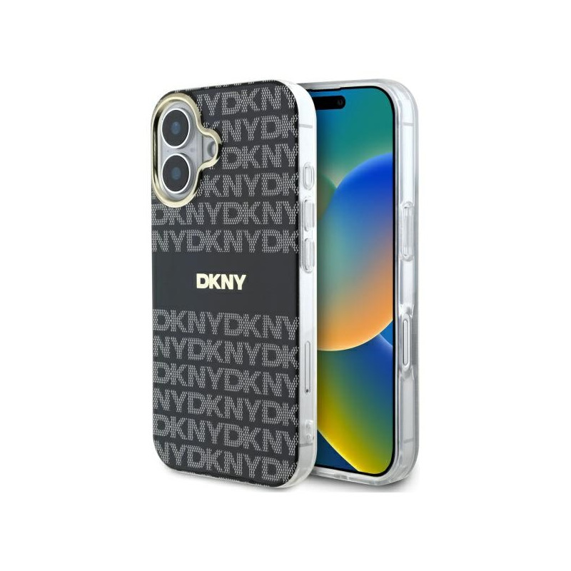 DKNY iPhone 16 dėklas su tekstūros raštu ir dryžiais – juodas