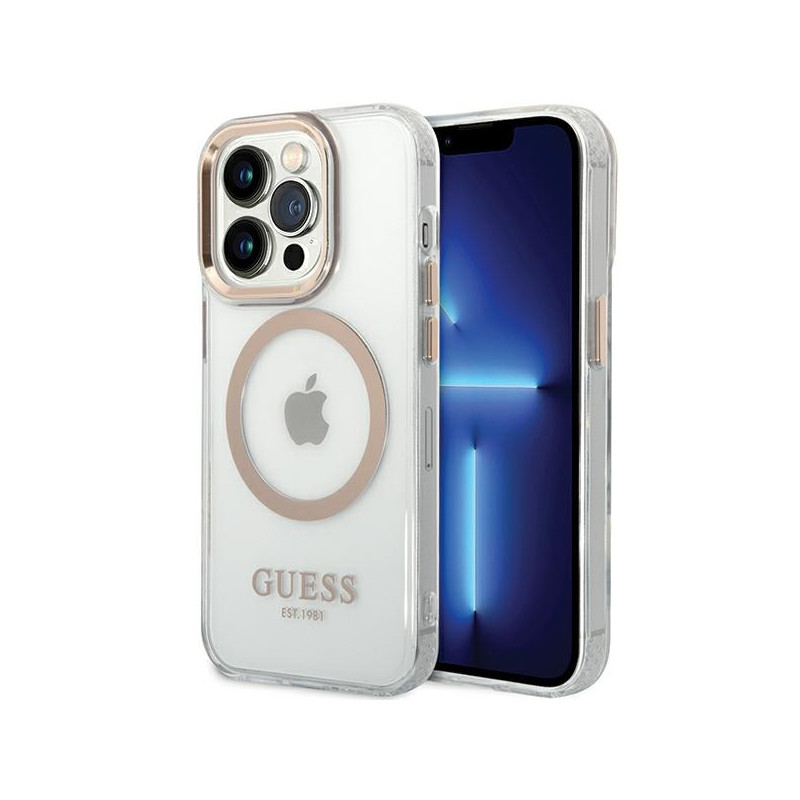 „Guess Metal Outline MagSafe“ dėklas, skirtas „iPhone 15 Pro“ – auksinis