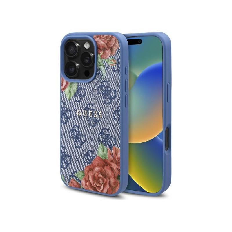 „Guess 4G“ „MagSafe“ dėklas su gėlių raštu, skirtas „iPhone 16 Pro“ – mėlynas