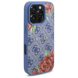 „Guess 4G“ „MagSafe“ dėklas su gėlių raštu, skirtas „iPhone 16 Pro“ – mėlynas
