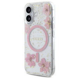 „Guess“ „MagSafe iPhone 16“ dėklas su blizgučiais ir dervos gėlėmis – rožinis