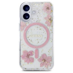 „Guess“ „MagSafe iPhone 16“ dėklas su blizgučiais ir dervos gėlėmis – rožinis