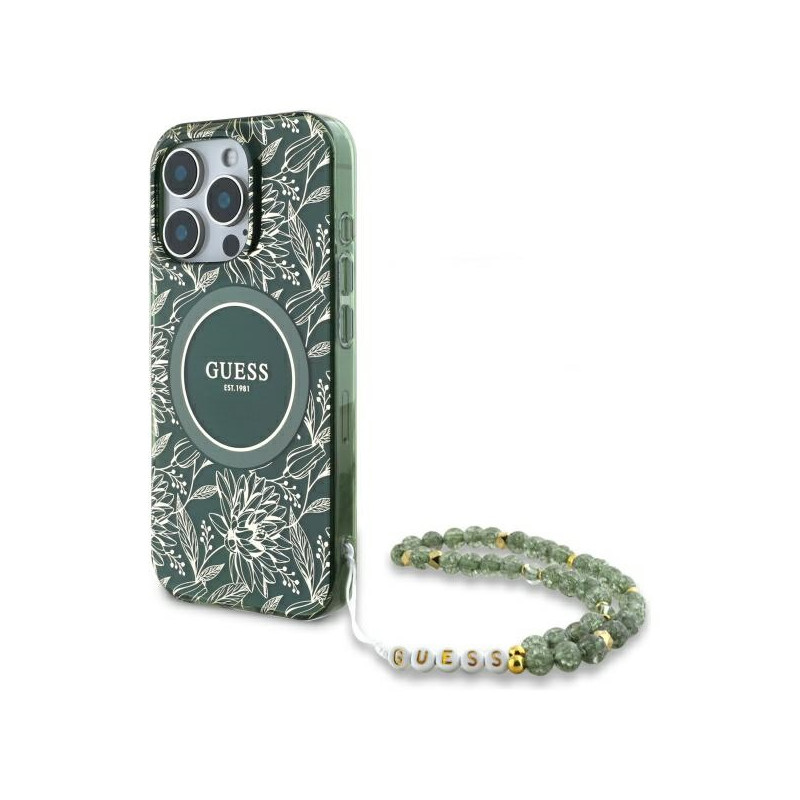 „Guess IML Flowers Allover Electro“ su perlų dirželiu „MagSafe“ dėklas, skirtas „iPhone 16 Pro Max“ – žalias