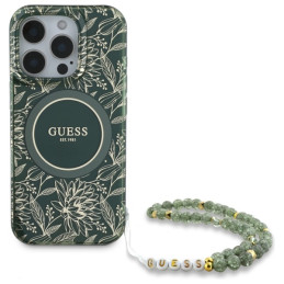 „Guess IML Flowers Allover Electro“ su perlų dirželiu „MagSafe“ dėklas, skirtas „iPhone 16 Pro Max“ – žalias