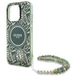 „Guess IML Flowers Allover Electro“ su perlų dirželiu „MagSafe“ dėklas, skirtas „iPhone 16 Pro Max“ – žalias